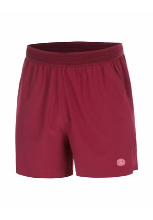 Burgunderrote Sportshorts mit elastischem Bund, Seitentaschen und kleinem rundem Logo am linken Bein.