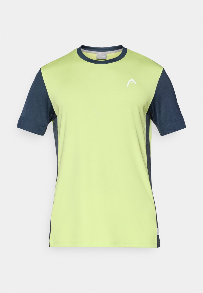 Camisa atlética de manga corta con un frente de un brillante color verde lima y mangas azul marino, hecha de material ligero, con un logo en el pecho.