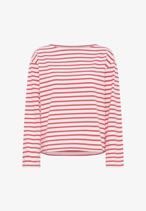 Dugi top opuštenog kroja s crvenim i bijelim prugama, širokim izrezom i mekanim pamučnim materijalom u mješavini.