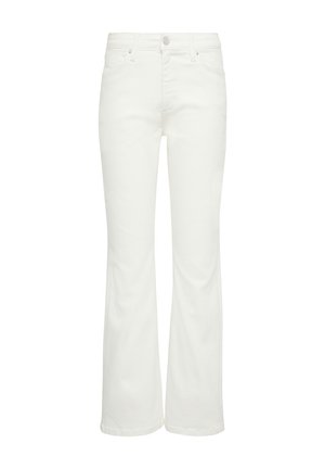White flared jeans made of denim, featuring five pockets, belt loops, and a front button closure. Smooth texture without patterns.