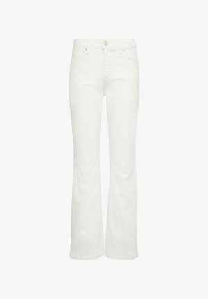 White flared jeans made of denim, featuring five pockets, belt loops, and a front button closure. Smooth texture without patterns.