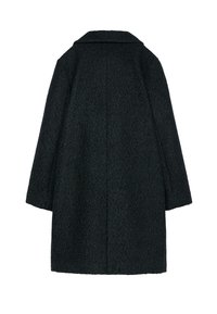 Cappotto di lana verde scuro, con texture, ampio colletto, maniche lunghe e silhouette dritta, caratterizzato da un design posteriore pulito senza chiusure.