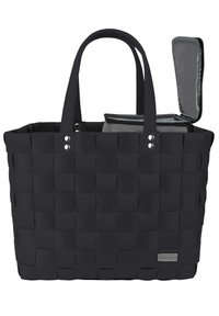 Black woven storage basket with sturdy handles and silver hardware. Includes a removable gray insulated cooler insert.