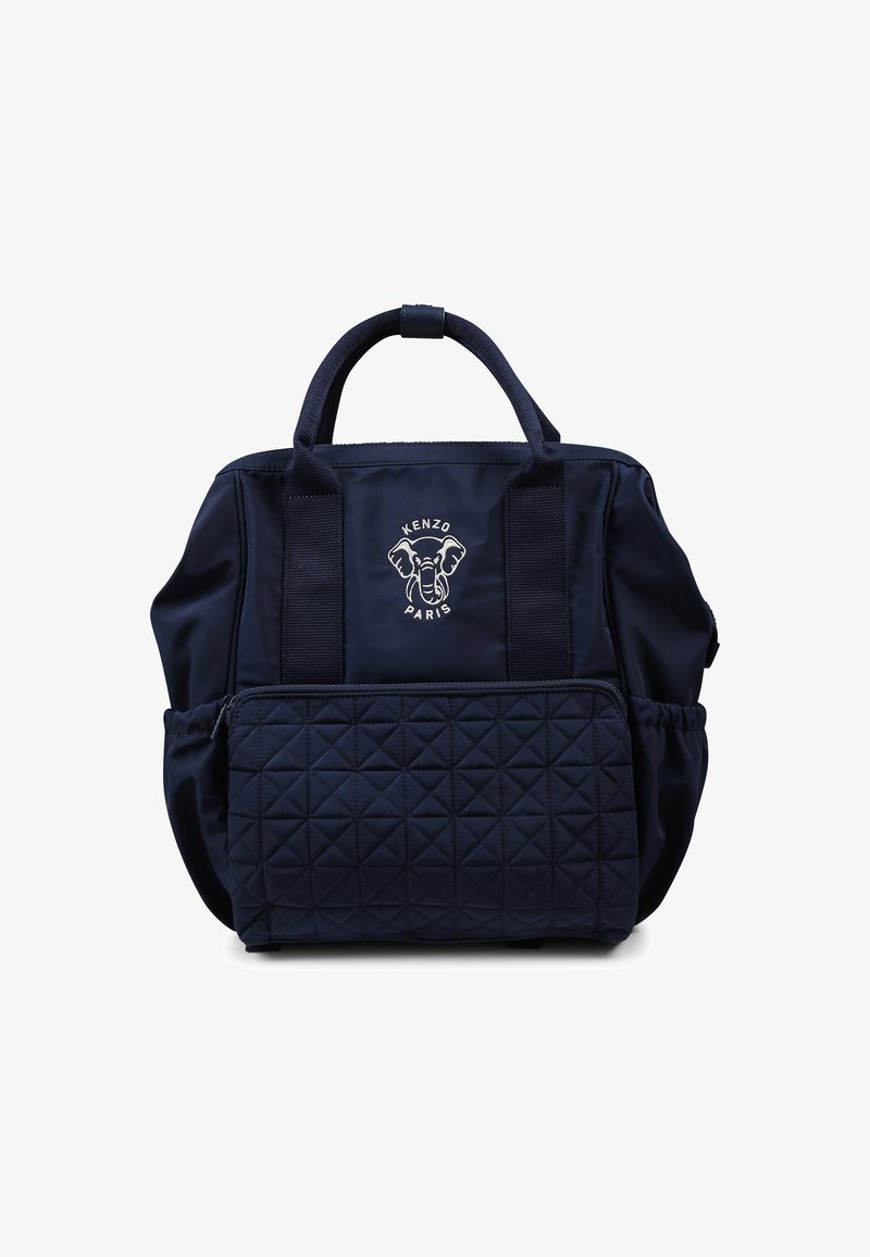 Sac en nylon bleu marine avec une poche avant matelassée, des poignées supérieures doubles et un logo d'éléphant. Dispose d'une texture lisse et d'un design spacieux.