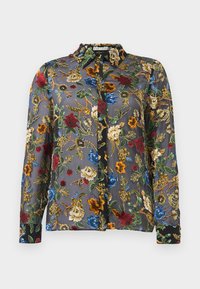 Sötét szürke selyem blúz virágmintázattal, színes hímzéssel, amely piros, kék és sárga virágokat tartalmaz, gombos gallérral és hosszú ujjakkal.