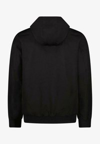 Zwarte jas met een capuchon, elastische manchetten en onderrand. Gladde textuur met een eenvoudig ontwerp, geen zichtbare patronen of hardware-details.