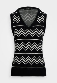 Czarny sweter bez rękawów z dekoltem w kształcie litery V, ozdobiony zygzakowatym wzorem w białym i szarym kolorze. Brzegi wykończone prążkowanym ściągaczem dodają tekstury.