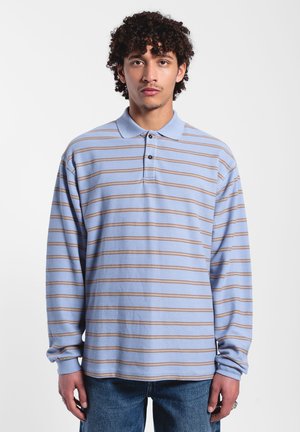 Langärmliges Poloshirt in Hellblau mit horizontalen beige Streifen. Mit einem Kragen und einer Knopfleiste. Strukturierter Stoff.