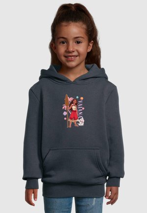 Felpa grigia con tasca frontale e polsini a coste. Il design presenta un personaggio con una tavola da surf, accompagnato da un animale dei cartoni e decorazioni floreali.