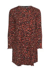Leopardmönstrad klänning i rost, med långa ärmar, rund krage och textil med en flödande passform samt vågig kant.