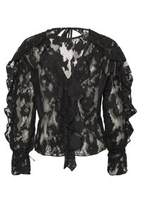Bluză din dantelă neagră cu accente volan, având un design transparent, mâneci lungi și închidere cu fundă la spate.