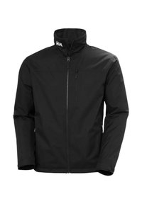 Chaqueta ligera negra con cuello alto, cremallera frontal completa y bolsillos laterales con cremallera, que presenta una textura suave y un diseño minimalista.