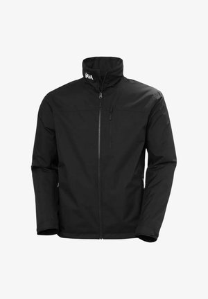 Chaqueta ligera negra con cuello alto, cremallera frontal completa y bolsillos laterales con cremallera, que presenta una textura suave y un diseño minimalista.
