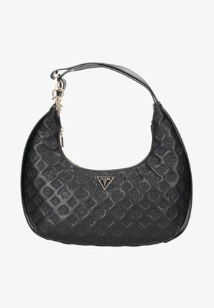 Bolso de hombro de cuero negro con patrones florales en relieve, herrajes de plata y cierre de cremallera. Cuenta con un acento de llavero desmontable.