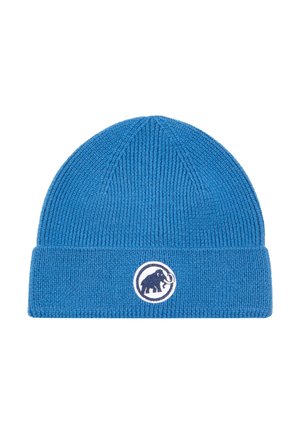 Blue ribbed knit beanie with a folded cuff, featuring a circular logo depicting a mammoth in dark blue on a white background.