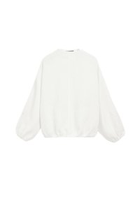 White long-sleeve blouse with balloon sleeves, elasticized hem, and crew neckline, shown from the back on a white background.