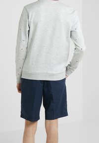 Felpa grigia a girocollo con un motivo testurizzato, caratterizzata da accenti colorati, abbinata a pantaloni corti blu navy. Il materiale appare morbido e casual.