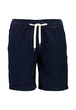 Short en velours côtelé bleu marine avec taille élastique et cordon blanc, longueur genoux, style décontracté.