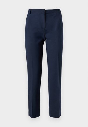 Pantaloni tailored blu navy, realizzati in tessuto morbido, con frontale piatto, gambe dritte e una vita standard con passanti per cintura.