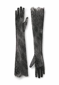 Zwarte kanten handschoenen met een bloemenpatroon, lang ontwerp, gegolfde randen, doorschijnende textuur en aangesloten vorm voor de vingers.