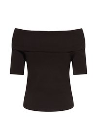 Μαύρο τοπ με κοντά μανίκια και ώμους έξω, με φαρδύ διπλωμένο ντεκολτέ και εφαρμοστό σχήμα, εμφανίζεται σε λευκό φόντο.