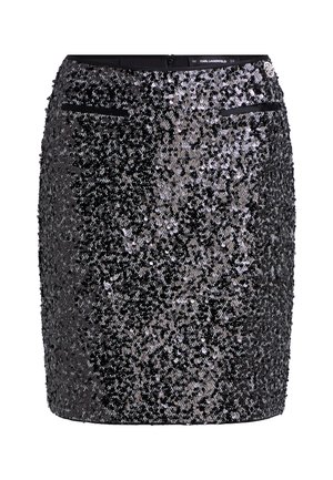 Svart paljett mini kjol med en figurnära design, som har en texturerad yta och två små fickor med dragkedja fram.