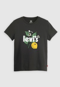 Černé bavlněné tričko s grafikou citronu, bílým textem "levi's" a květinovými akcenty v zelené a bílé barvě. Krátké rukávy, kulatý výstřih.