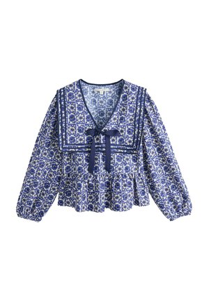 Blue floral blouse with a V-neck, puffed sleeves, and a peplum hem. Features a large collar and a tie detail at the front.