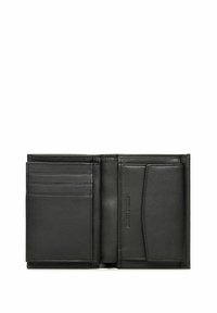 Czarny skórzany portfel z wieloma przegródkami na karty, centralną przegrodą oraz kieszonką. Gładka faktura z subtelnym wytłoczonym logo.