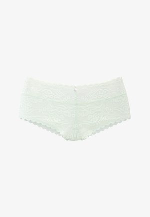 Kant boyshorts in licht muntgroen. Heeft gekartelde randen, een bloemenpatroon en een kleine knopenaccent aan de achterkant. Zachte textuur.
