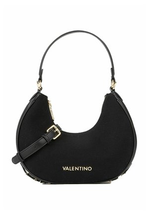 Sac à main Valentino noir en forme de croissant avec poignée supérieure, bandoulière ajustable, quincaillerie dorée et logo sur le devant.