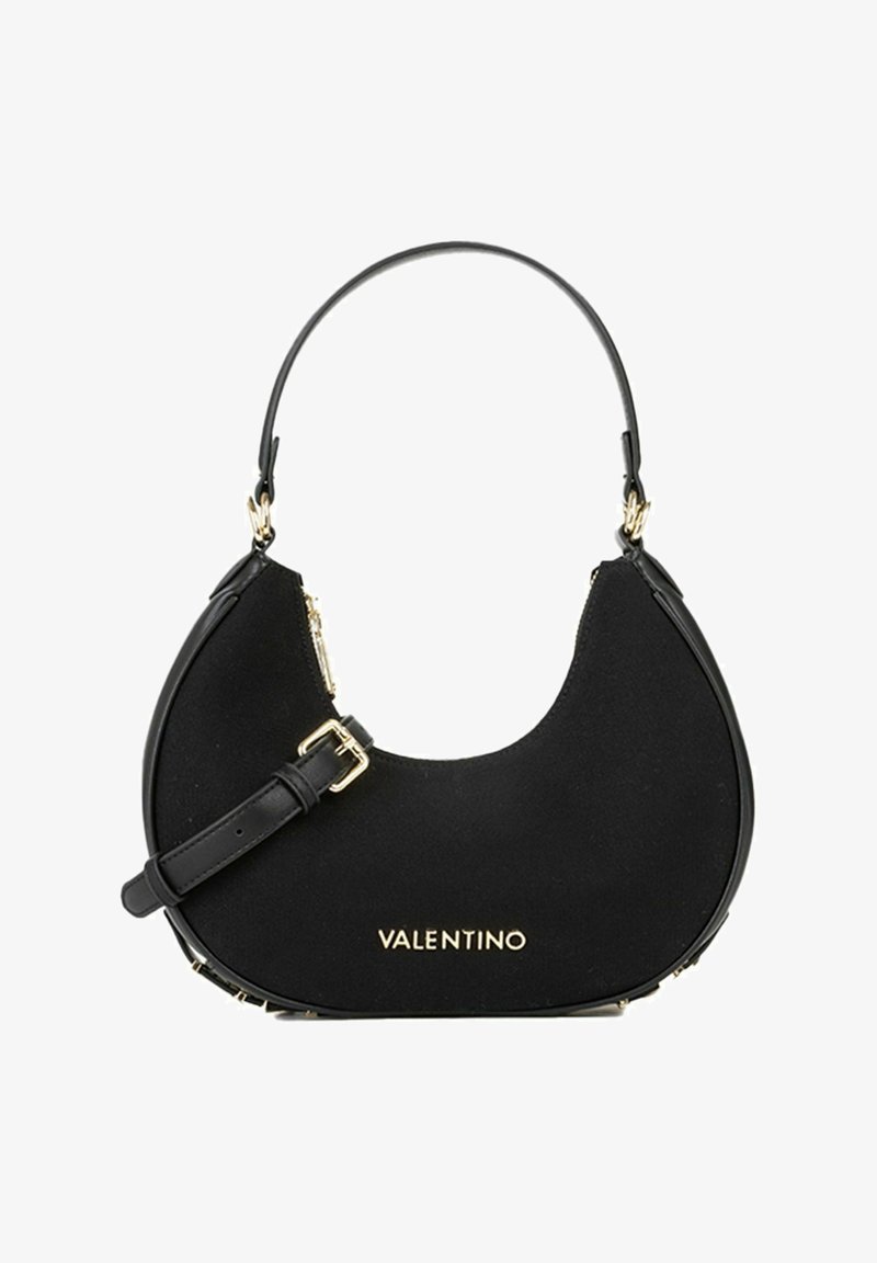Sac à main Valentino noir en forme de croissant avec poignée supérieure, bandoulière ajustable, quincaillerie dorée et logo sur le devant.