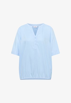 Light blue short-sleeve blouse with three front buttons, round neckline with V-cut, and gathered elastic hem.