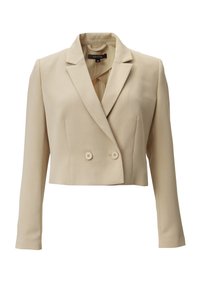 Beige, geklede blazer met een dubbele rij knopen, gelsneden revers en twee knopen. Bekijk lekker stof, lange mouwen en een minimalistische stijl.