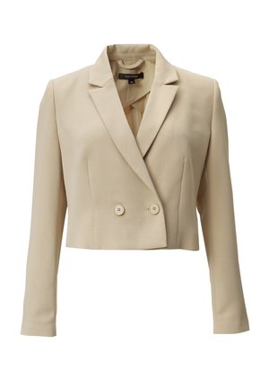 Beige, geklede blazer met een dubbele rij knopen, gelsneden revers en twee knopen. Bekijk lekker stof, lange mouwen en een minimalistische stijl.