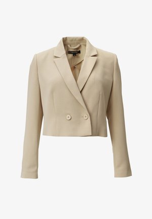 Beżowa krótka marynarka z podwójnym zapięciem, klapami typu notch i dwoma guzikami. Gładki materiał, długie rękawy i minimalistyczny styl.