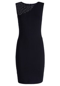 Robe noire sans manches avec une coupe ajustée, présentant un panneau d'épaule texturé orné de petites pierres brillantes. Tissu lisse.