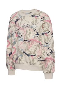 Kremowa bluza z abstrakcyjnymi, marmurkowymi wzorami w kolorach różowym, szarym i niebieskim; posiada okrągły dekolt i ściągacze przy rękawach.