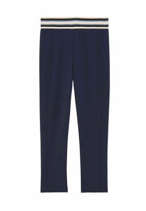 Colanți bleumarin cu o talie elastică cu dungi multiple. Confecționați dintr-un material neted și elastic. Croială ajustată, fără buzunare sau cusături vizibile.