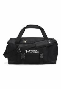 Bolsa de deporte negra fabricada con material duradero, con asas dobles, una correa de hombro ajustable, cierre de cremallera y logo blanco de Under Armour.