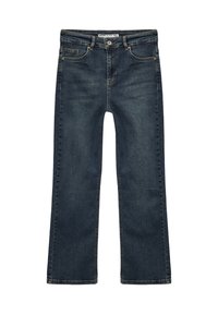 Mörkblå denimjeans med rak benmodell, fem fickor och diskret blekning. Har en framknäppning och bälteshällor.
