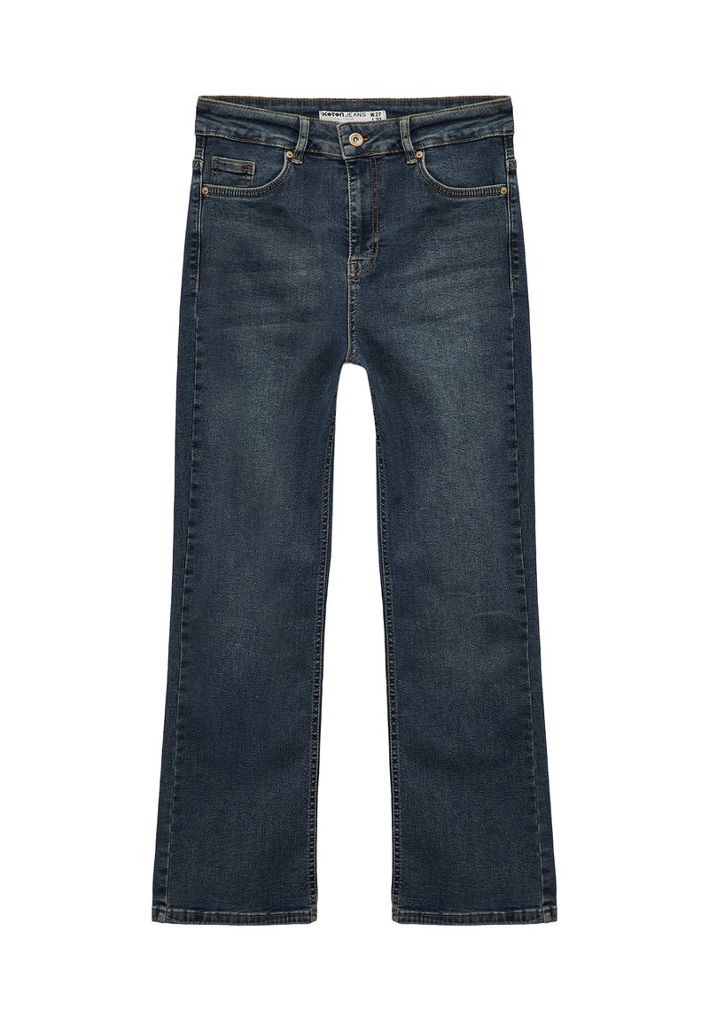 Mörkblå denimjeans med rak benmodell, fem fickor och diskret blekning. Har en framknäppning och bälteshällor.