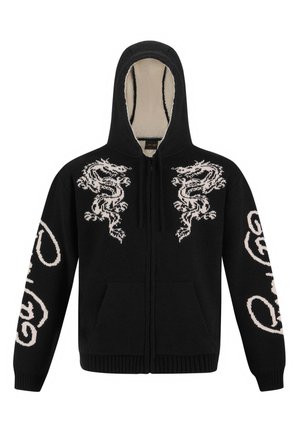 Black zip-up hoodie with a lined hood, featuring white dragon motifs on the front and sleeves. Includes side pockets and ribbed cuffs.