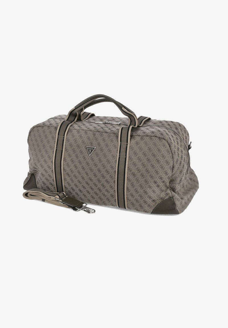 Gray duffel bag with repeated logo pattern, leather trim, dual top handles, and removable shoulder strap. Features a zip closure.
