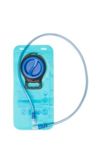 Blue hydration reservoir with a black handle, clear tubing, and measurement markings on a turquoise background. Features closed valve system.