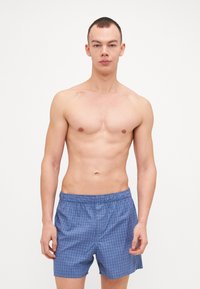Shorts de bain à carreaux bleus avec une taille élastique et une coupe décontractée, fabriqués en tissu léger. Le modèle se tient avec le torse nu.