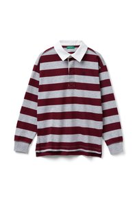 Koszulka rugby z długim rękawem w poziome pasy bordowe i szare oraz białym kołnierzem, z małym ciemnym logo na piersi.