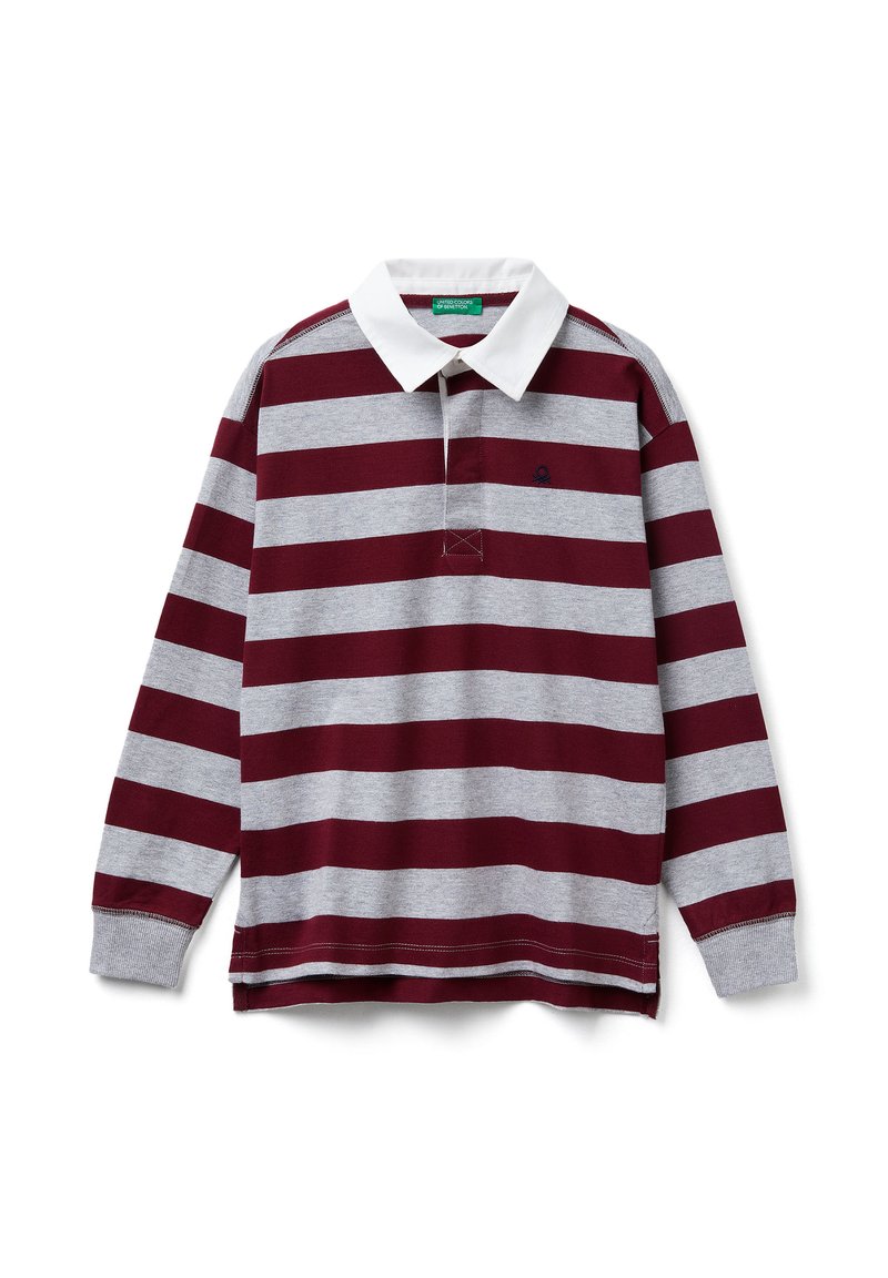 Koszulka rugby z długim rękawem w poziome pasy bordowe i szare oraz białym kołnierzem, z małym ciemnym logo na piersi.