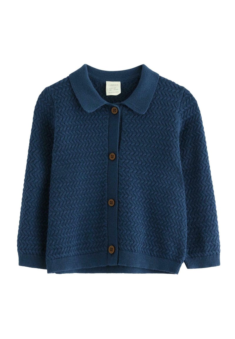 Granatowy sweter kardigan z dzianiny z teksturowanym wzorem zygzaków, kołnierzykiem i brązowymi guzikami z przodu. Posiada ściągacze przy mankietach i u dołu.