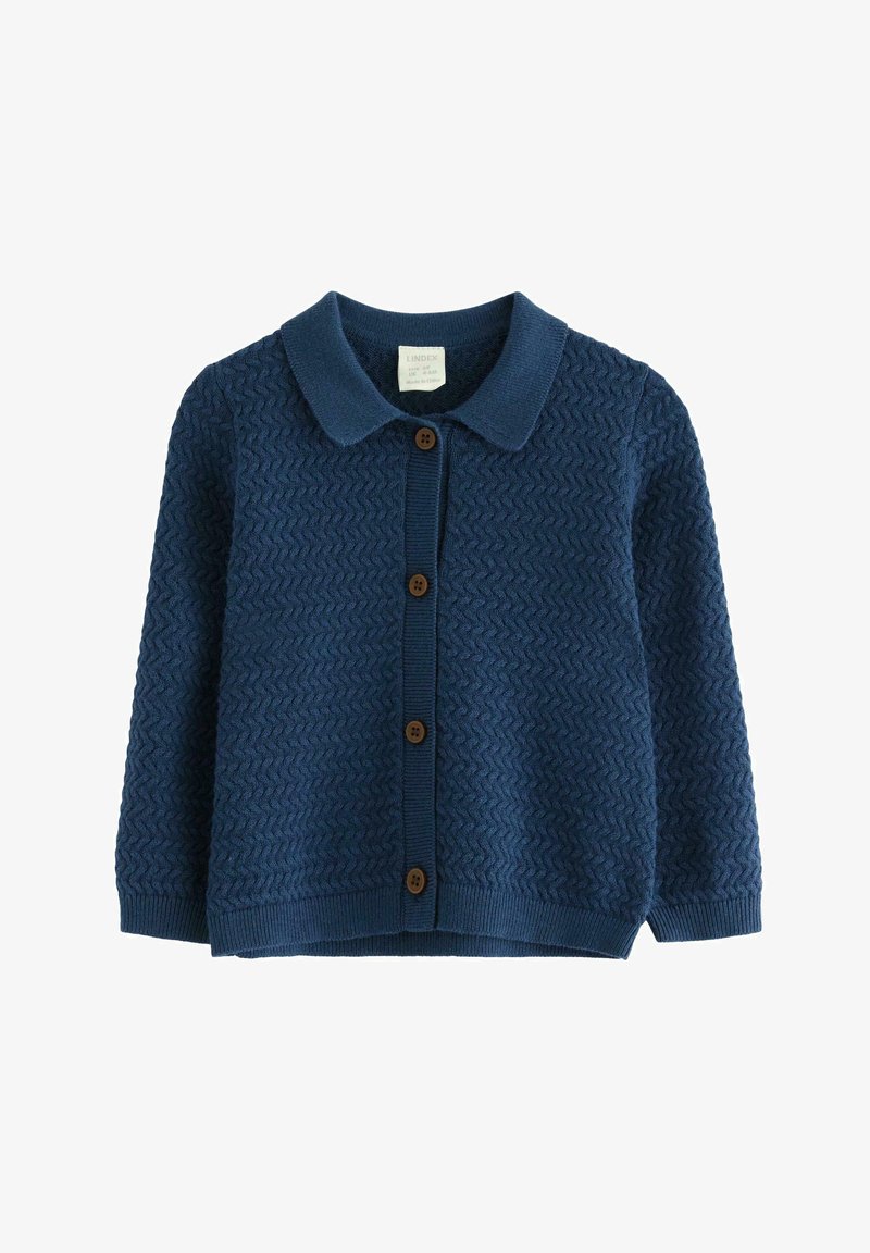 Granatowy sweter kardigan z dzianiny z teksturowanym wzorem zygzaków, kołnierzykiem i brązowymi guzikami z przodu. Posiada ściągacze przy mankietach i u dołu.
